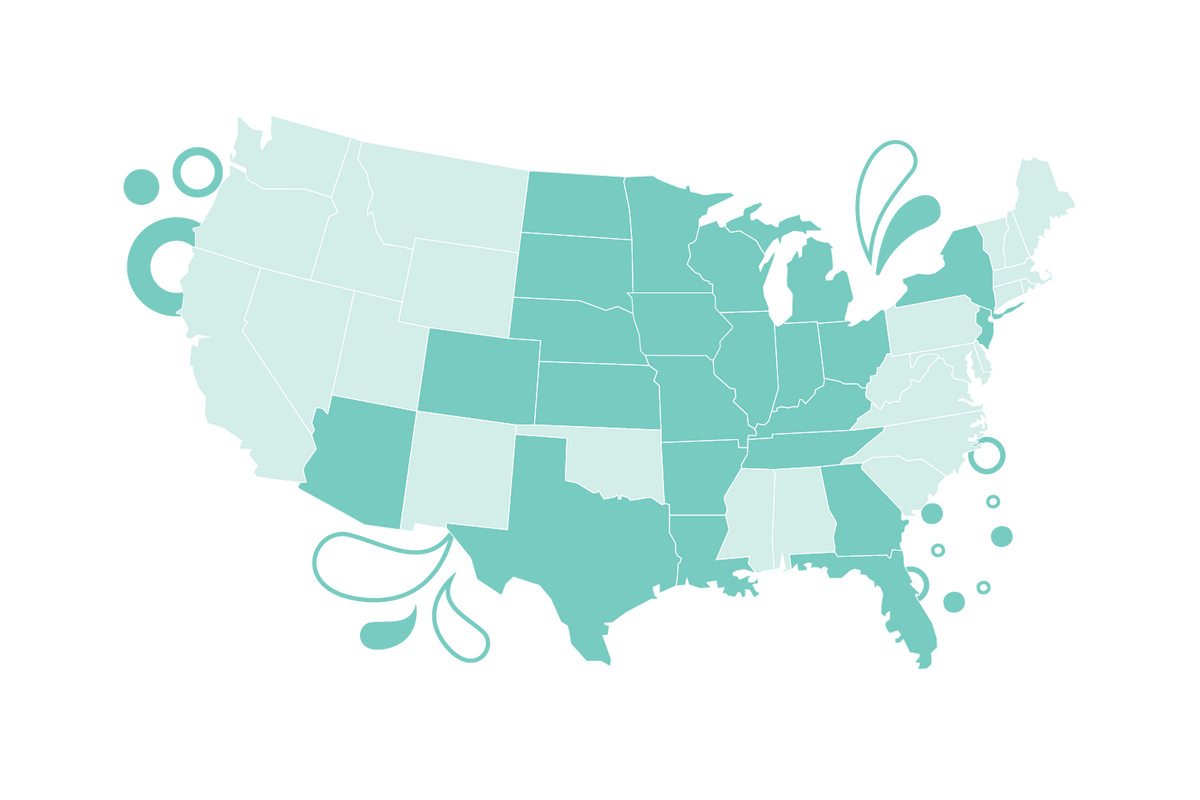 Map of the United States with a gradient of teal colors on a white background