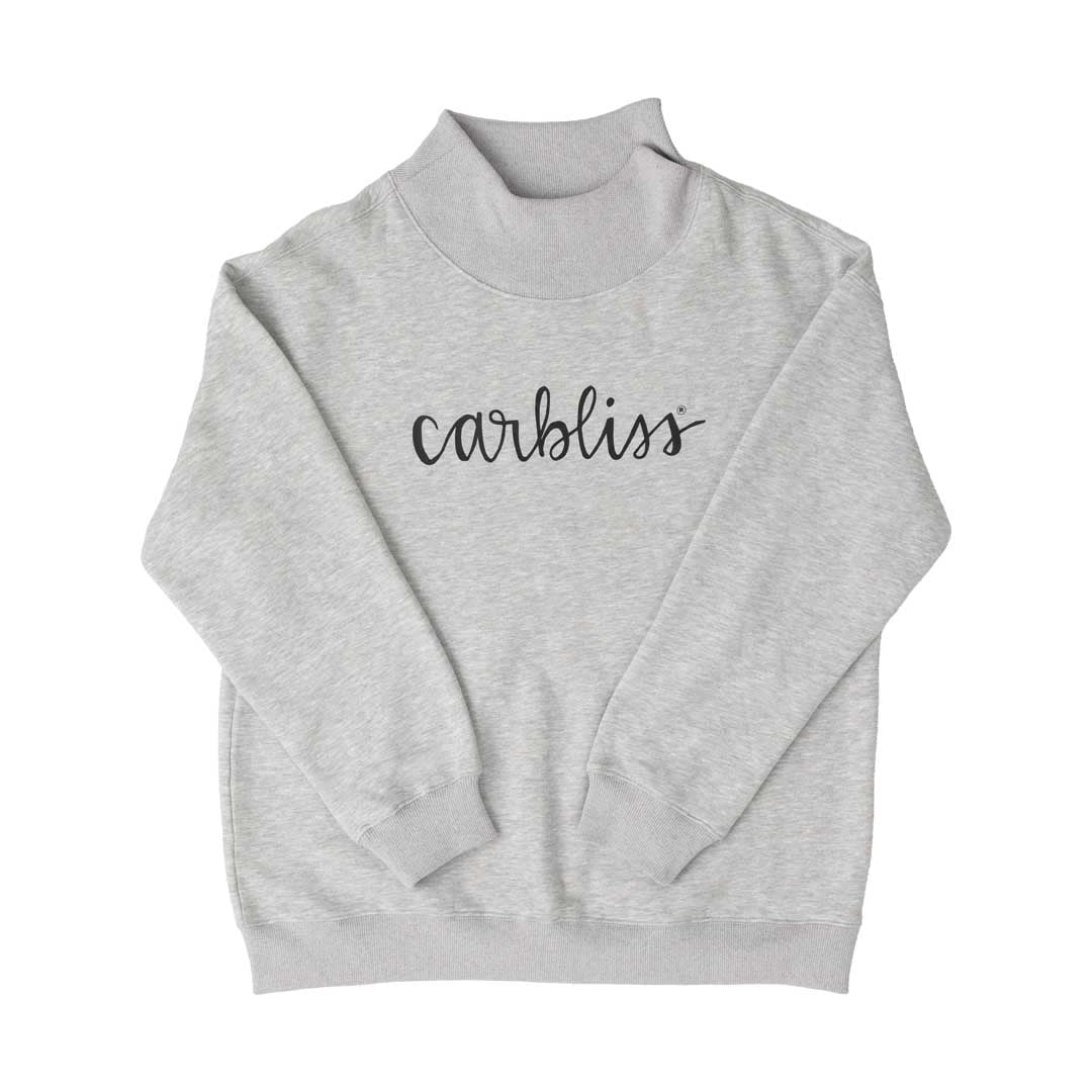 Gray sweatshirt with 'carbliss' text on a white background