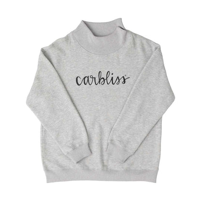 Gray sweatshirt with 'carbliss' text on a white background