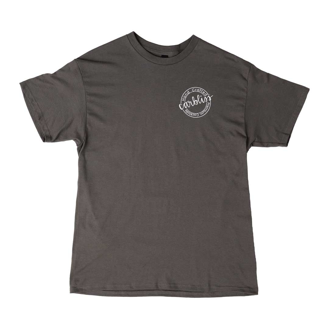 Gray t-shirt with a white logo on a white background