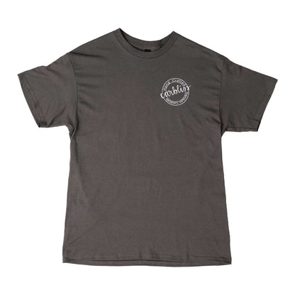 Gray t-shirt with a white logo on a white background