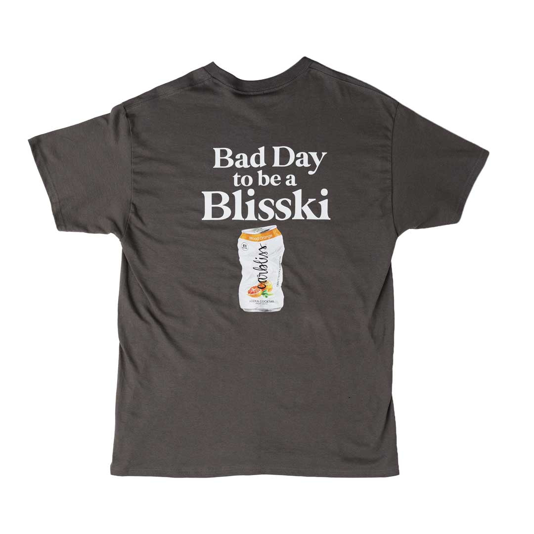 Gray t-shirt with 'Bad Day to be a Blisski' text and can on the back