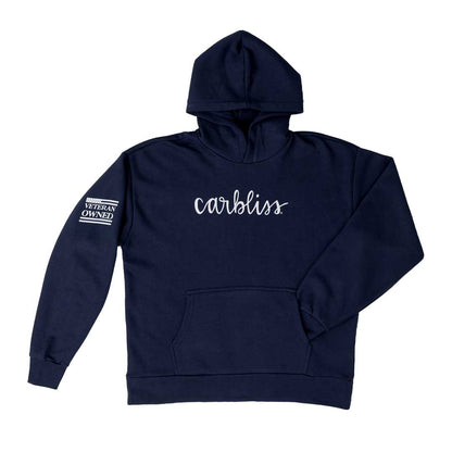 Navy blue hoodie with 'carbliss' text on a white background
