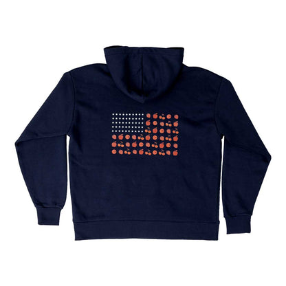 Navy blue hoodie with a red and white pattern on the back against a white background