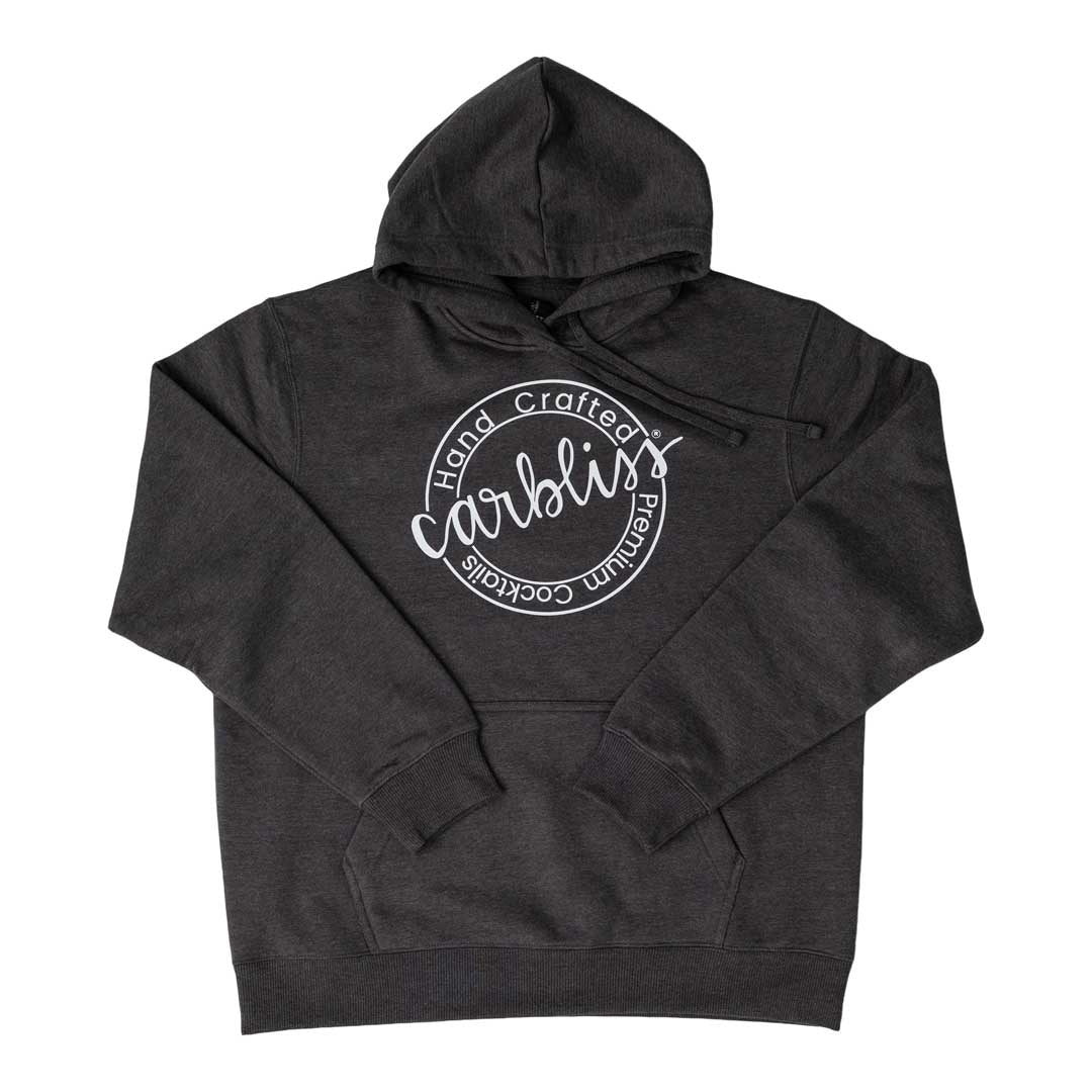 Dark gray hoodie with white logo on a white background