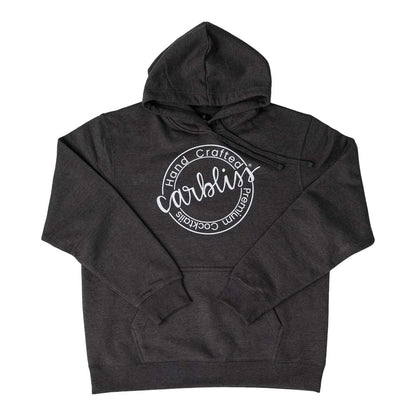 Dark gray hoodie with white logo on a white background