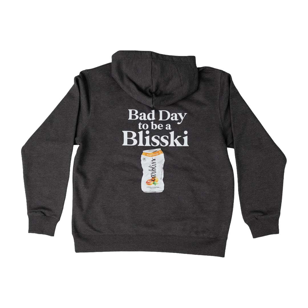 Dark gray hoodie with text and a bottle graphic on the back, on a white background