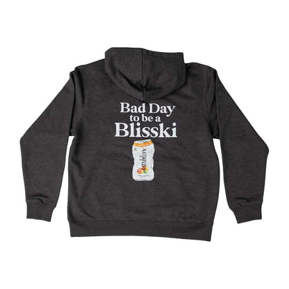 Dark gray hoodie with text and a bottle graphic on the back, on a white background