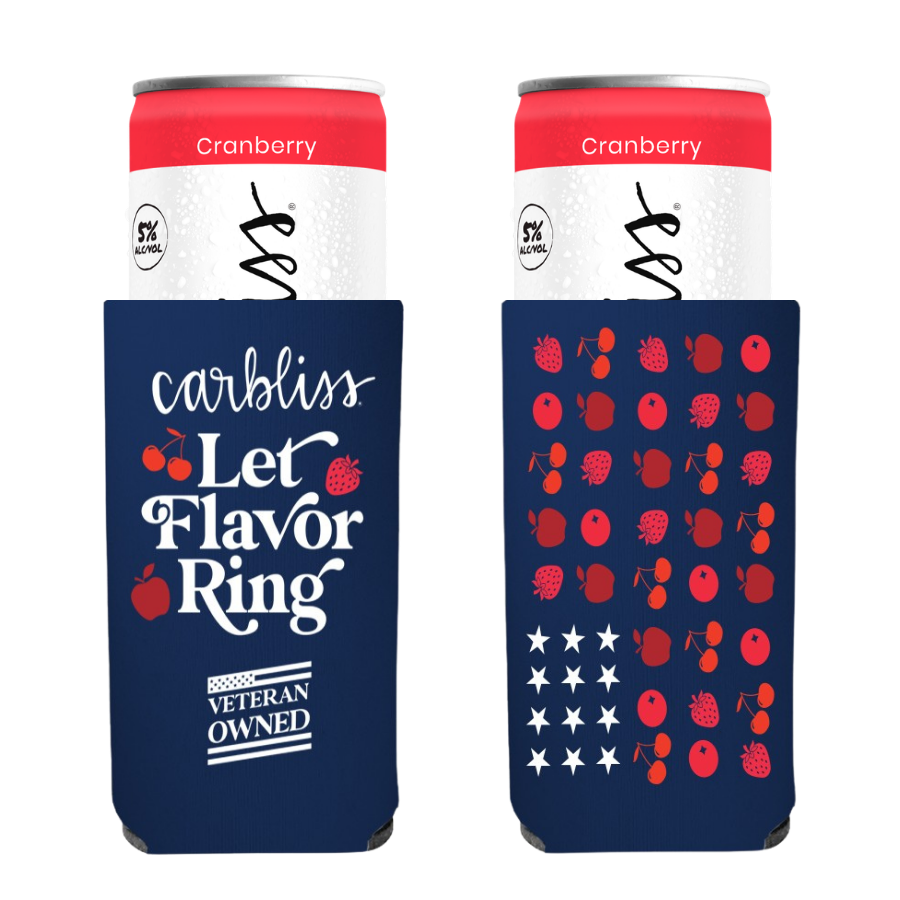 Two can coolers with cranberry flavor branding and 'Let Flavor Ring' text on a white background.