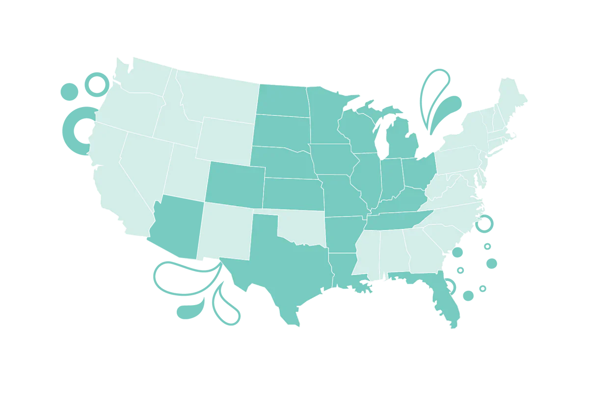 Map of the United States in light blue on a white background