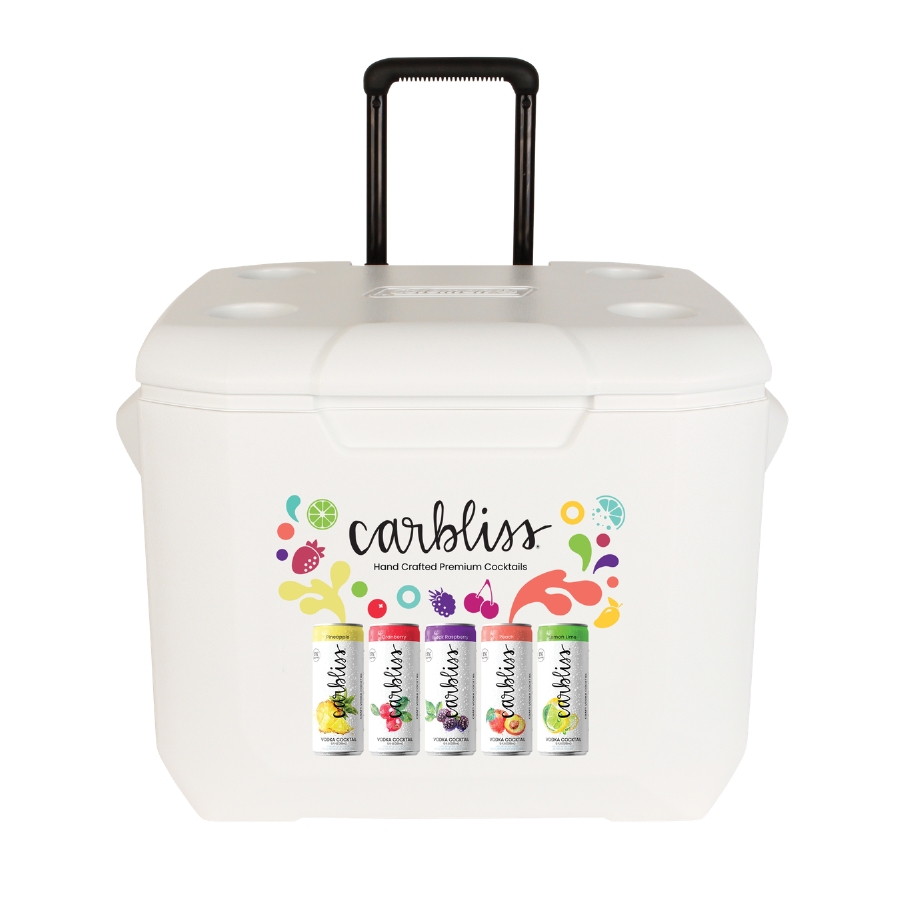 A white rolling cooler with a black telescoping handle, featuring the Carbliss logo and five Carbliss beverage cans printed on the front.