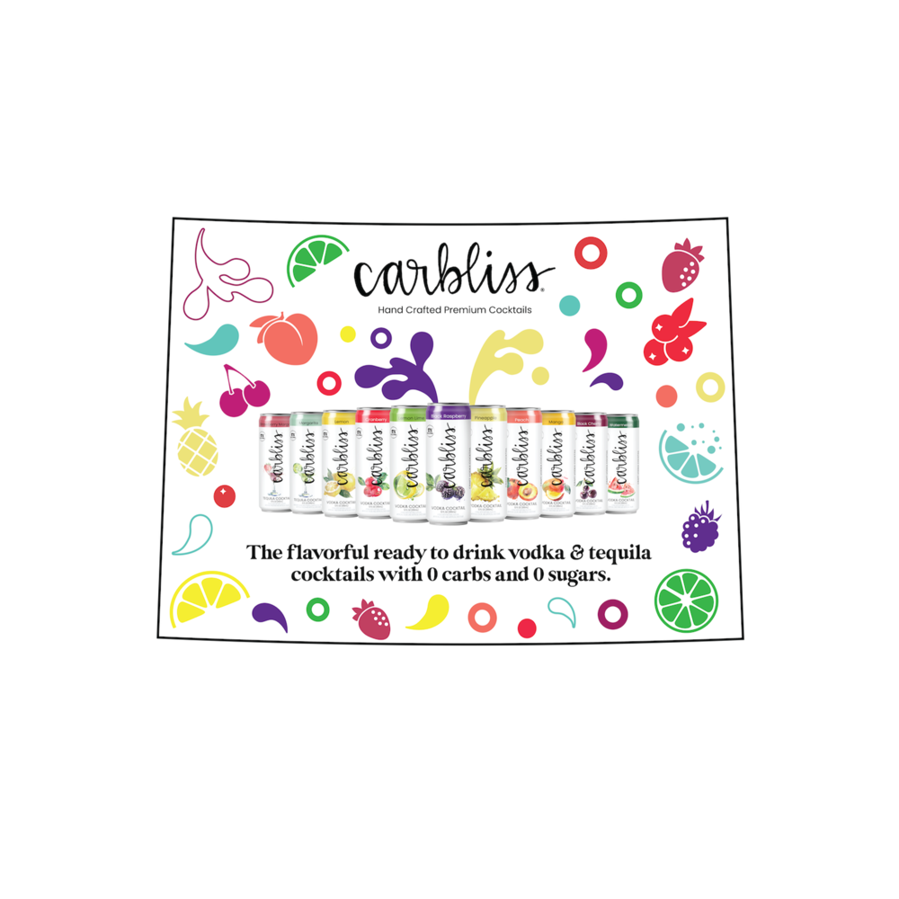 Colorful rectangular Carbliss display with cocktail cans and fruit graphics, promoting 0 carbs and 0 sugars.