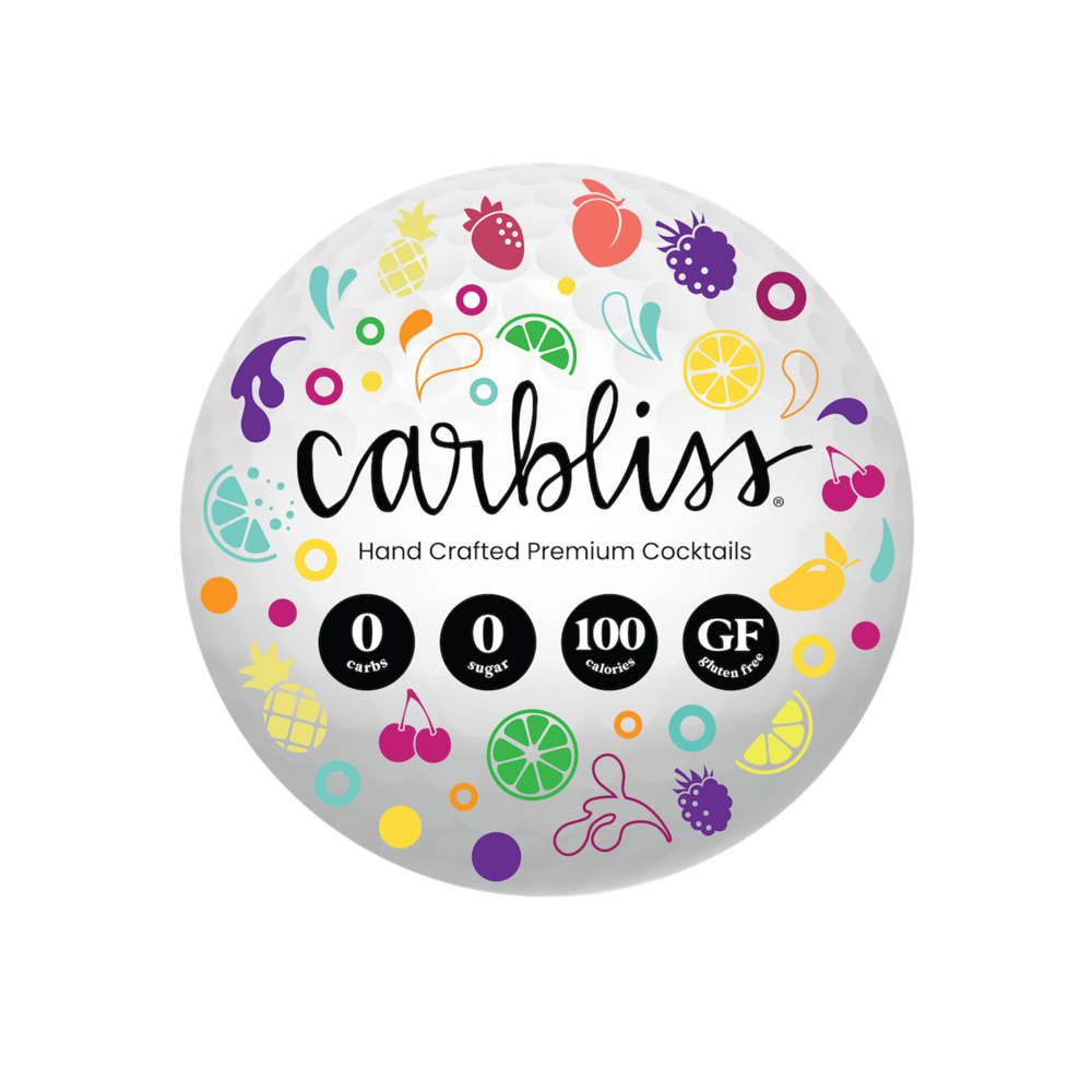 Round Carbliss display with fruit graphics, highlighting 0 carbs, 0 sugar, 100 calories, and gluten-free.