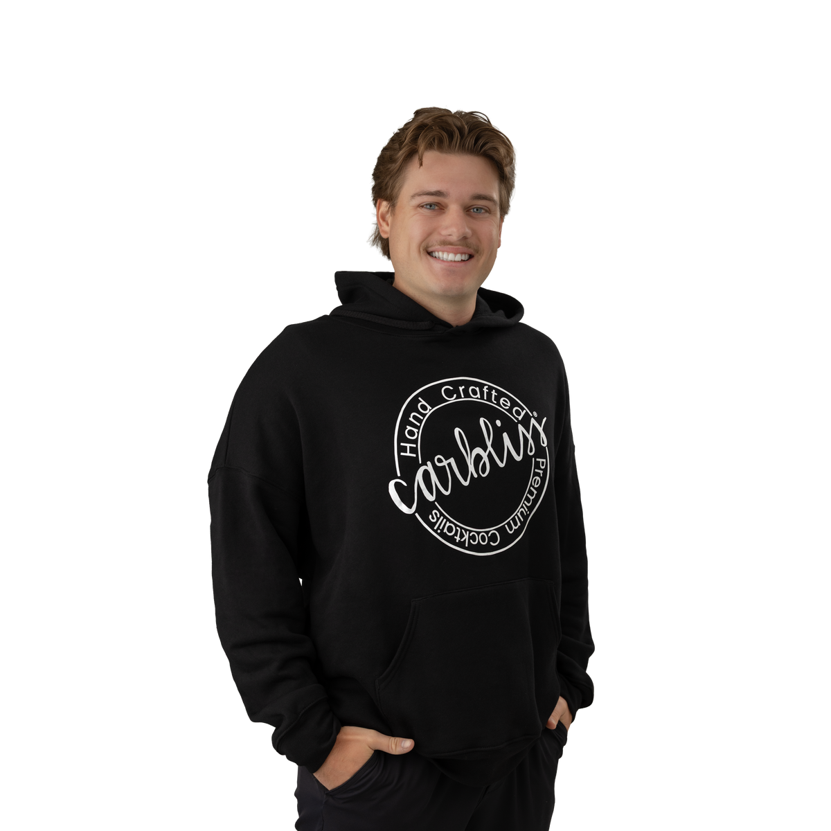 Black Carbliss hoodie with front logo and cocktail lineup graphic on back.