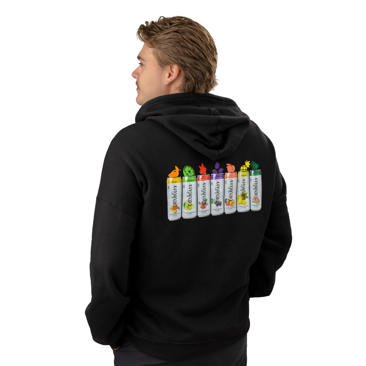 Black Carbliss hoodie with front logo and cocktail lineup graphic on back.