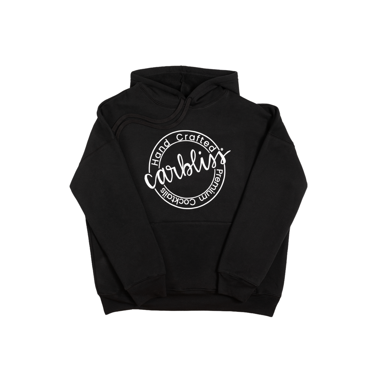 Black Carbliss hoodie with front logo and cocktail lineup graphic on back.