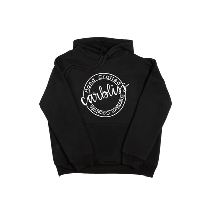 Black Carbliss hoodie with front logo and cocktail lineup graphic on back.