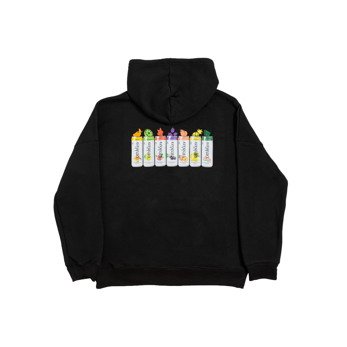 Black Carbliss hoodie with front logo and cocktail lineup graphic on back.