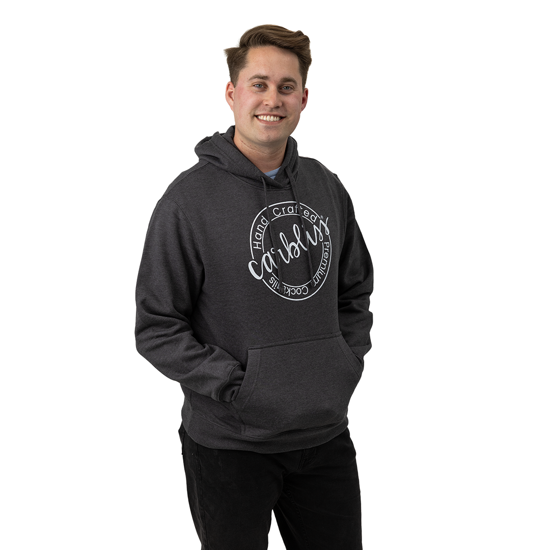 Man wearing a dark gray hoodie with text on a white background