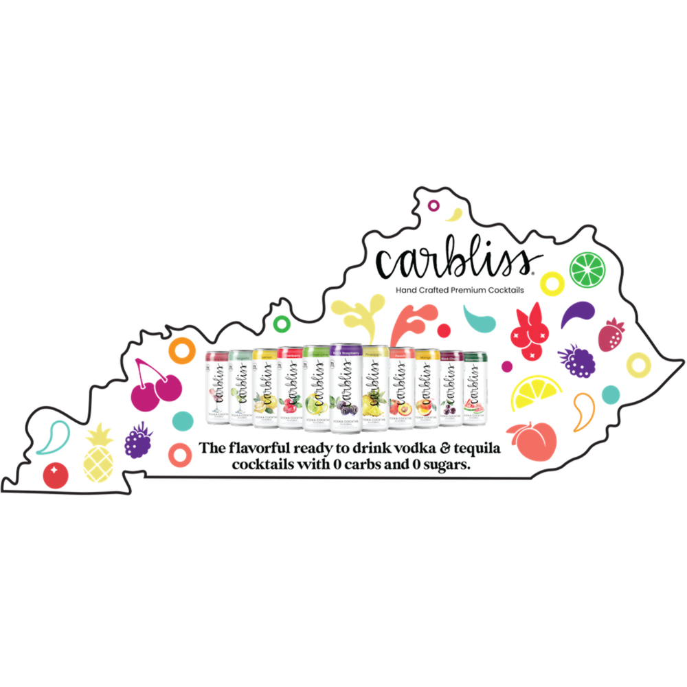 Kentucky-shaped Carbliss display with fruit graphics and cocktail cans, promoting 0 carbs and 0 sugars.