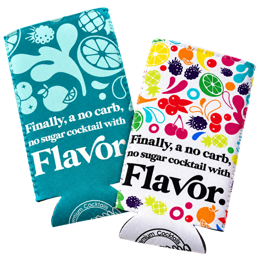Carbliss Fun Flavor Slim Can Koozies in Margarita teal and multi-colored designs.