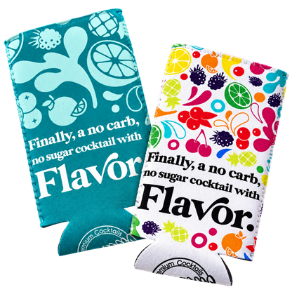 Carbliss Fun Flavor Slim Can Koozies in Margarita teal and multi-colored designs.