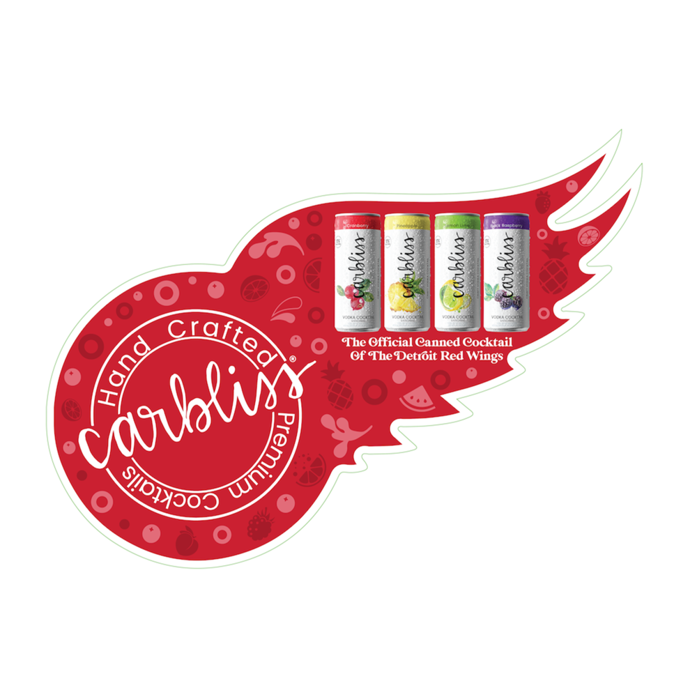 Red wing-shaped Carbliss display featuring four cocktail cans, branded as the official canned cocktail of the Detroit Red Wings.