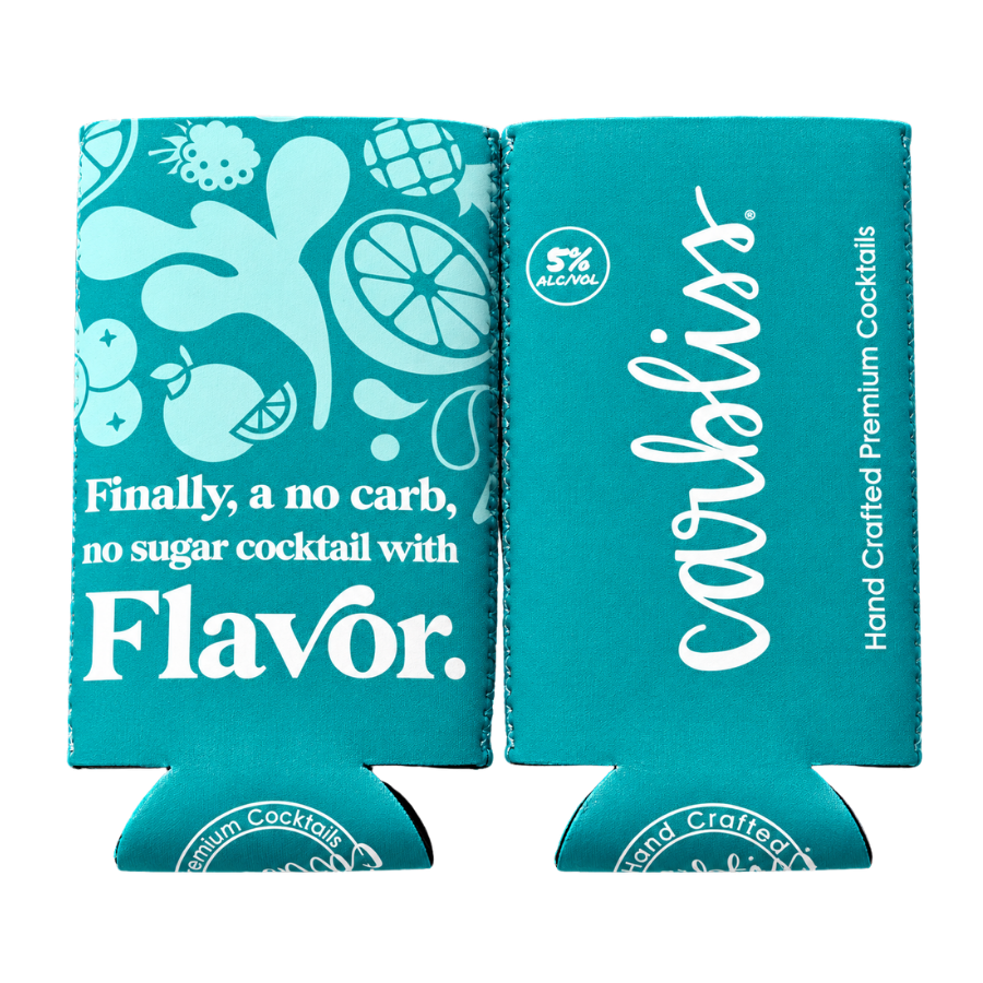 Carbliss Fun Flavor Slim Can Koozies in Margarita teal and multi-colored designs.