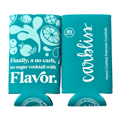 Carbliss Fun Flavor Slim Can Koozies in Margarita teal and multi-colored designs.