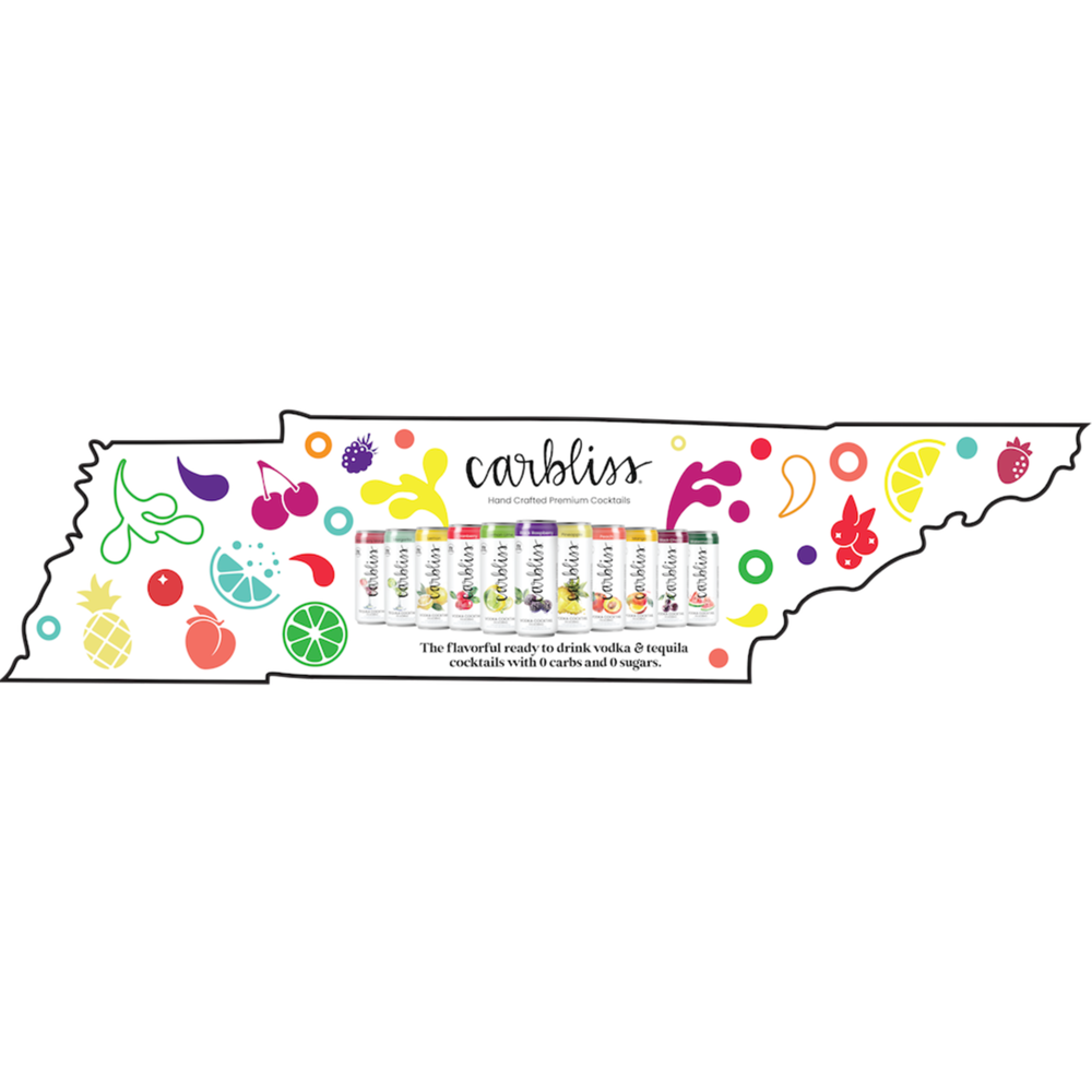 Tennessee-shaped Carbliss display with fruit graphics and cocktail cans, highlighting 0 carbs and 0 sugars.
