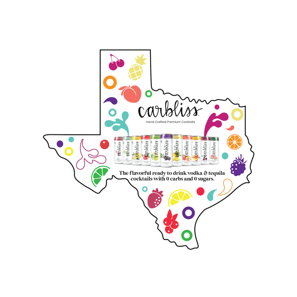 Texas-shaped Carbliss display with colorful fruit graphics and a row of cocktails, promoting 0 carbs and 0 sugars.