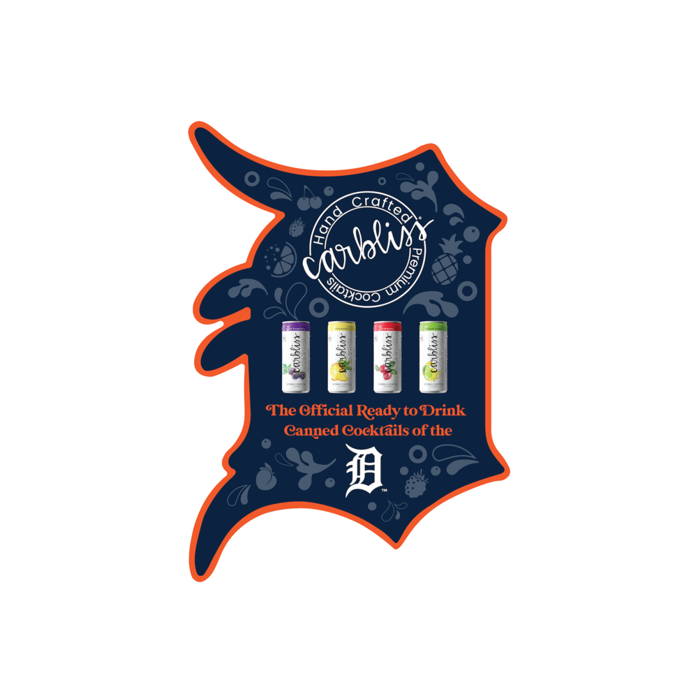 Detroit-shaped Carbliss display with four cocktail cans, labeled as the official canned cocktails of the Detroit Tigers.