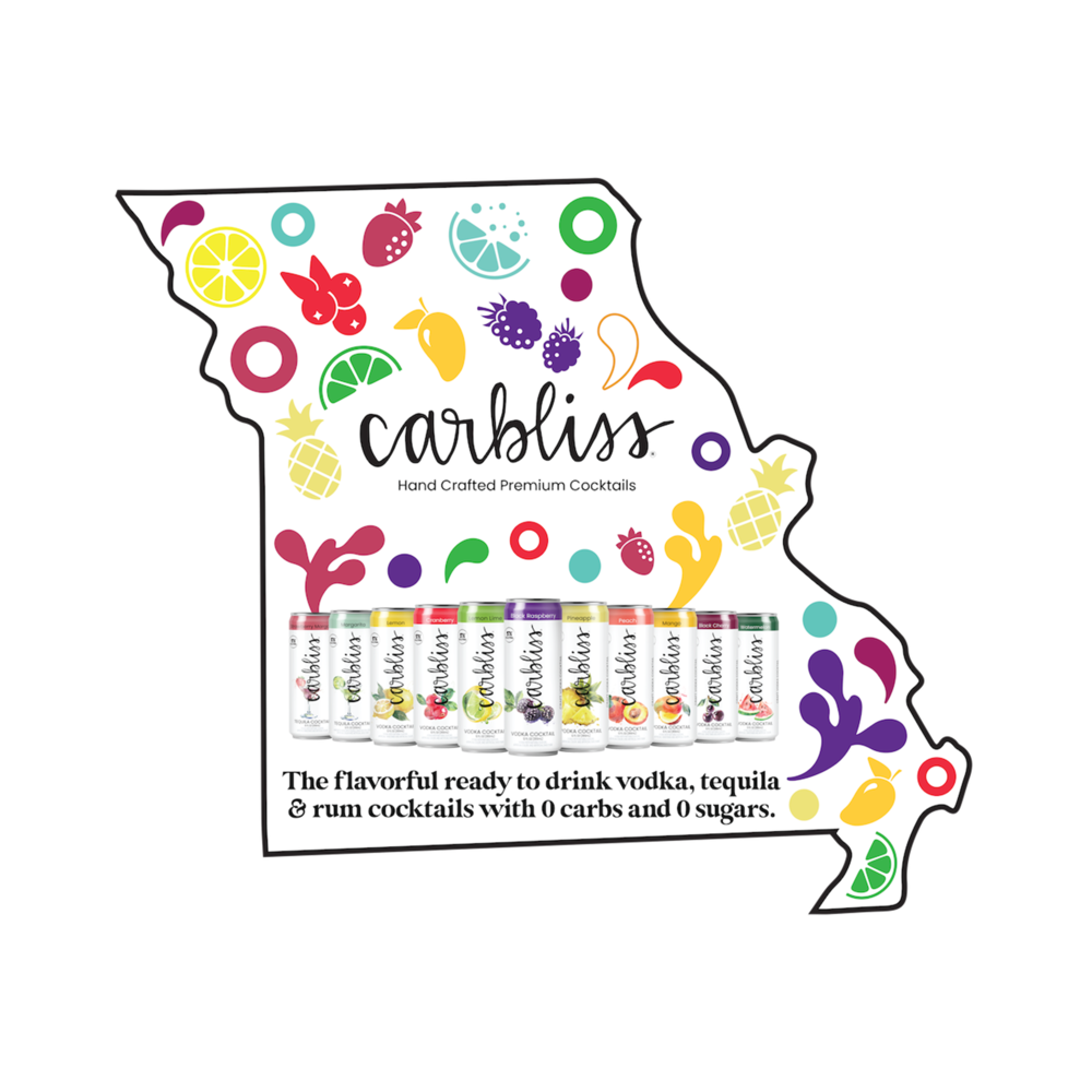 State-shaped display for Carbliss cocktails with colorful fruits and cans, promoting 0 carbs and 0 sugars.