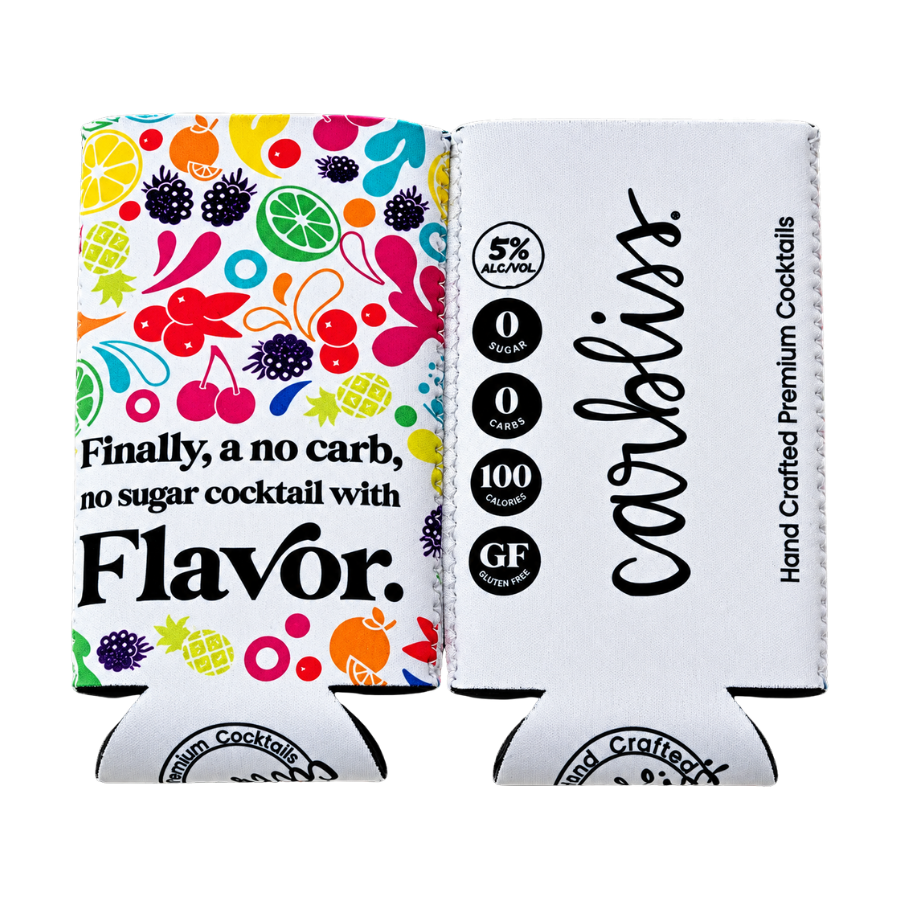 Carbliss Fun Flavor Slim Can Koozies in Margarita teal and multi-colored designs.