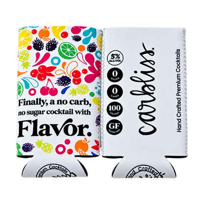 Carbliss Fun Flavor Slim Can Koozies in Margarita teal and multi-colored designs.