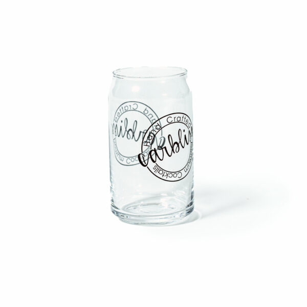 Black Carbliss logo 16 ounce can-style drinking glass