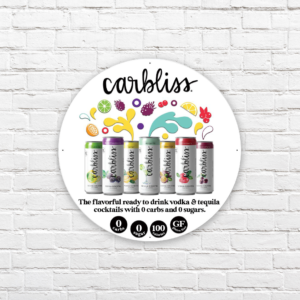 Carbliss circle tacker sign with flavor line up