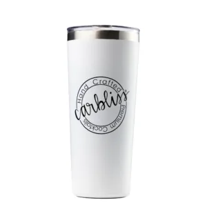 Carbliss white tumbler with the Carbliss logo embossed