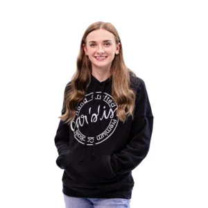 Lady wearing Carbliss hoodie with logo in front